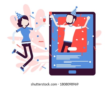 Couple meet up virtually by tablet to enjoy online party. Happy pair, video chat apps celebrations, gathering during social distancing, fun staying at home. Vector creative stylized illustration