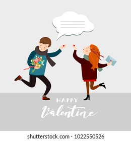 Couple meeting, with a bubble for your text, Valentines day greeting card, vector illustration