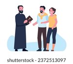 Couple at meeting with Catholic priest. Happy man and woman talking clergyman. Church parish. Christian religion. Prayers confess. Communication with believers family