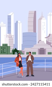 Couple meeting in China city. People talking, at Asian river bund, modern cityscape, Chinese urban buildings, skyscraper in Asia downtown. Shanghai architecture poster. Flat vector illustration