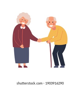 Couple at the meeting. Elderly people get to know each other. Say hello. Vector illustration.