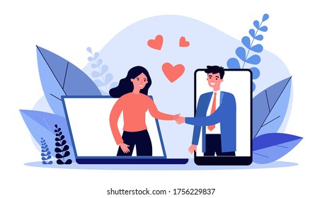 Couple meeting on dating website. Happy man and woman shaking hands, gadget screens, hearts flat vector illustration. Online service, internet concept for banner, website design or landing web page
