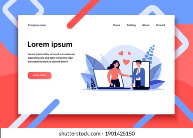 Couple meeting on dating website. Happy man and woman shaking hands, gadget screens, hearts flat vector illustration. Online service, internet concept for banner, website design or landing web page