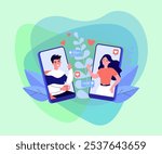 Couple meeting on mobile dating app vector illustration. Young man and woman talking on smartphone screen, sending hearts and messages. Relationship, matching, social media concept