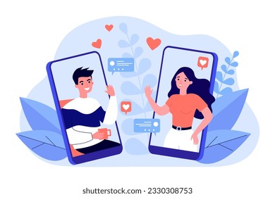 Couple meeting on mobile dating app vector illustration. Young man and woman talking on smartphone screen, sending hearts and messages. Relationship, matching, social media concept