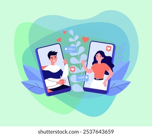 Reunião de casal na ilustração vetor de aplicativo de namoro móvel. Jovem e mulher conversando na tela do smartphone, enviando corações e mensagens. Relacionamento, correspondência, conceito de mídia social