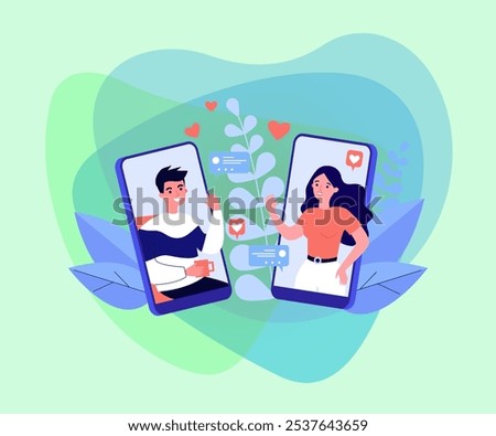 Couple meeting on mobile dating app vector illustration. Young man and woman talking on smartphone screen, sending hearts and messages. Relationship, matching, social media concept