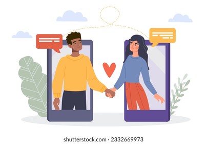 Couple meeting at social media concept. Man and woman holding hands through screen of smartphone. Romantic dating application. Dialogue and chat at messengers. Cartoon flat vector illustration