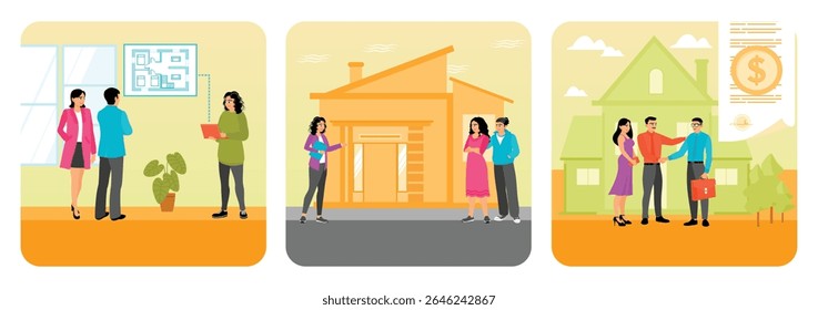 Um casal se encontra com um corretor em um escritório. Agente imobiliário introduz uma nova casa em potencial. O casal aperta a mão de um agente de empréstimo na frente de sua casa. Conceito de corretor imobiliário. 