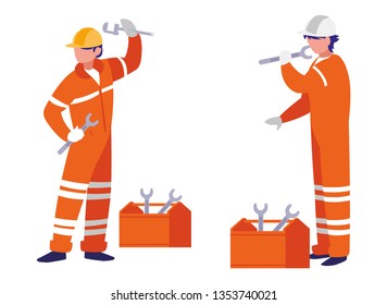 couple of men builders working with toolbox