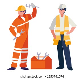 couple of men builders working with toolbox