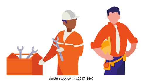 couple of men builders working with toolbox