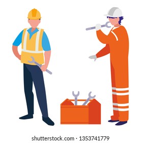couple of men builders working with toolbox