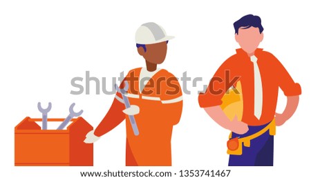 couple of men builders working with toolbox