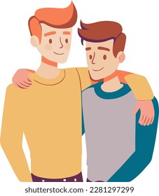 Un par de hombres con ropa informal abrazándose unos a otros aislados de fondo blanco. Vector de dos hombres con concepto de fraternidad, amistad, pareja gay... 