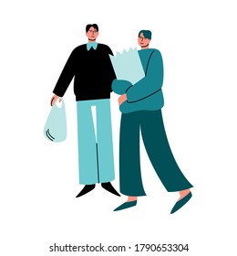 A couple of men in casual clothes standing with purchases in eco-bags of healthy food. Vector illustration in cartoon style.
