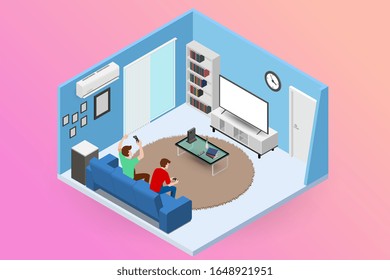 Couple men character playing a game console on large LED screen TV and sitting on sofa in a living room for entertaining in modern house interior concept. Vector flat isolated illustration design.