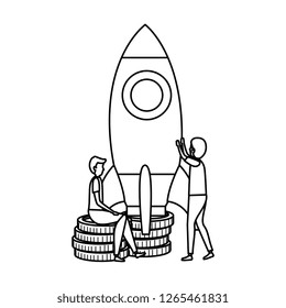 couple of men with coins and rocket