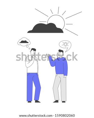 Couple of Men Discussing to Each Other Having Different Points of View and Life Attitudes. Pessimist Optimist Friends Communicate with Sun and Cloud Thoughts. Flat Vector Illustration, Line Art