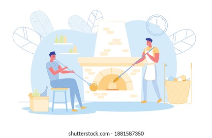 Couple of Men Glass Blowers Create Beautiful Craft Production of Molten Glass. Masters Working in Workshop with Burning Stove Put Molten Material in Fire Forming Arts. Cartoon Flat Vector Illustration