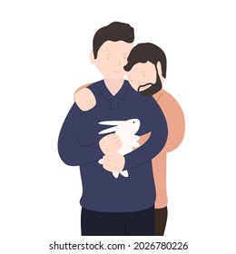 
A couple of  men are holding a hare, rabbit, bunny. Warm embrace.