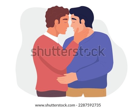 A couple of men hugging, looking at each other. Guys in love together. Vector graphics.