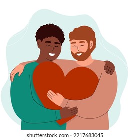 Un par de hombres abrazan, sonríen, lo sostienen con el corazón en las manos. Amigos, los estudiantes se alegran de conocerte. Los gays son felices juntos. Gráficos vectoriales.