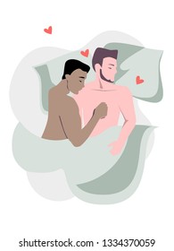 Couple men laying in bed flat vector illustration, template for banner with phrase "love has no gender"- Vector