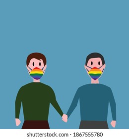 couple of men with lgbt colored mask hold hands