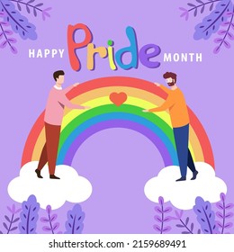 Couple of men are in love with each other. standing on the clouds with rainbow vector on purple background. Happy Pride Month illustration. LGBTQ concept