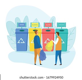 Couple of Men Neighbours Holding Colored Bags with Garbage Stand at Litter Bins for Separating Paper, Plastic, Glass and Organic Waste. People Characters Sorting Waste Cartoon Flat Vector Illustration