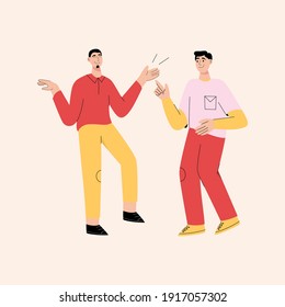 Couple men at party isolated on white background. Happy young guys dancing together, smiling, and having fun. Friends meeting. Vector character illustration of celebrating people at festive event