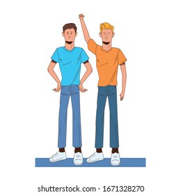couple men protesting avatars characters vector illustration design