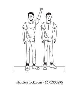 couple men protesting avatars characters vector illustration design