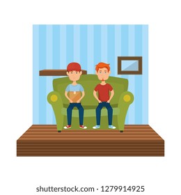 couple of men sitting in the sofa