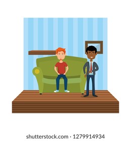 couple of men sitting in the sofa