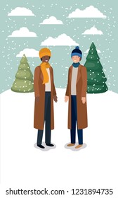 couple of men in snowscape with winter clothes