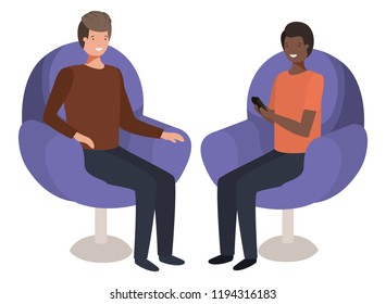 couple men in sofa with smartphone device
