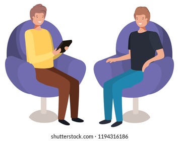 couple men in sofa with smartphone device
