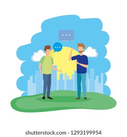 couple of men with speech bubble in the camp