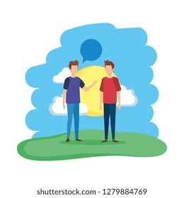 couple of men with speech bubble in the field