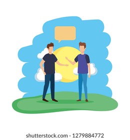 couple of men with speech bubble in the field