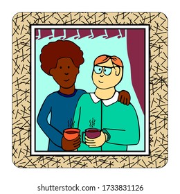 A couple of men are standing and drinking coffee. Men look out the window of the apartment and hold cups of coffee in their hands. Partners. Time together. Quarantine. Hand drawn vector