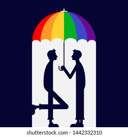Un par de hombres parados bajo un paraguas arco iris. Fondo de diseño de afiches de la comunidad LGBT. El elemento de diseño gráfico se puede utilizar para el fondo, folleto, banner, publicación, ilustración vectorial