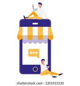couple men using smartphone with parasol