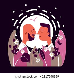 Couple men vector illustration . Marriage romantic card invitation couple of same gender. Valentine love card of couple homosexuality