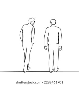 couple of men walk with their backs to the viewer one of them turned around - one line drawing vector