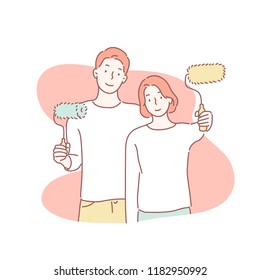 A couple of men and women are carrying paints with a paint roller. hand drawn style vector design illustrations.