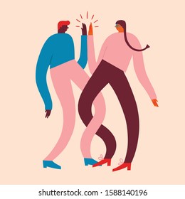 Couple of men and women dancing and celebrate success in business, study or relationships, give hand five to each other. Connection and solidarity illustration in vector. 