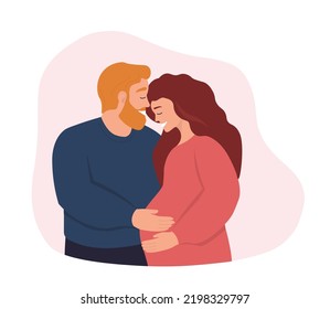 A couple of men and women, future parents expecting a child. Pregnant wife and husband hug. The concept of family, love, motherhood. Vector graphics.